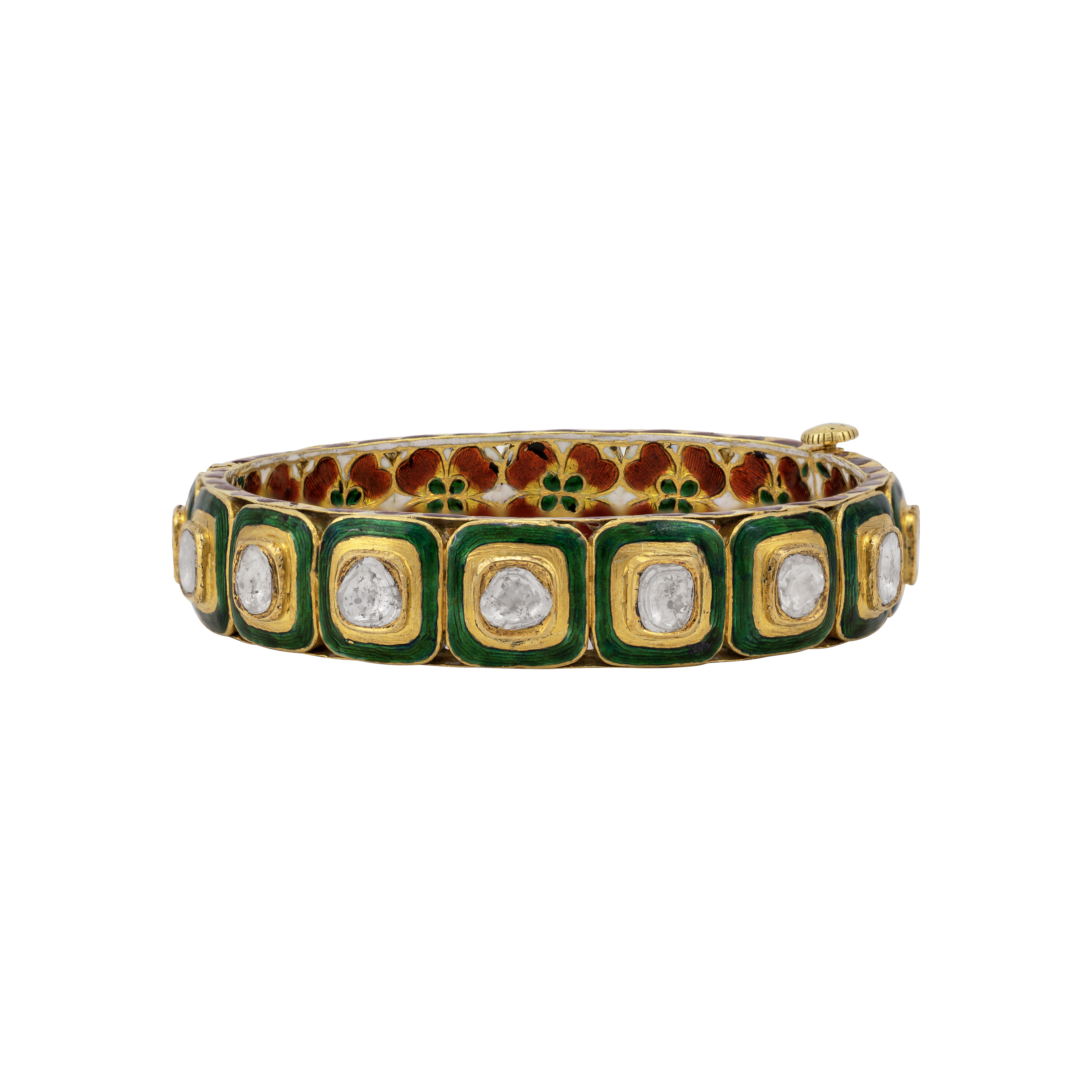 Green Enamel Polki Bangle with Floral Detailing Innerside